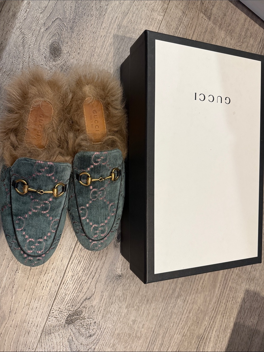 Gucci Teal Velvet Horsebit Fur-Lined Mules